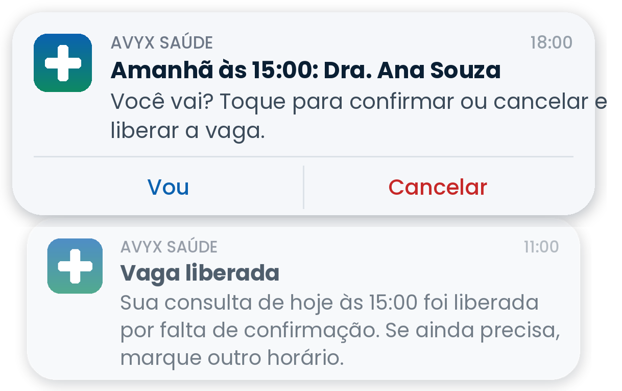 Notificações: lembrete da véspera com botões Vou e Cancelar, e aviso de vaga liberada